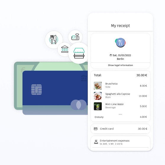 Illustrierte Darstellung eines digitalen Kassenbons und Zahlungsmitteln
